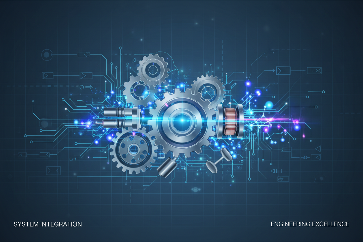 system integration with mechanical, electrical, control and software (AI) engineering, make the image with small height and wider to suit webpage banner, and do not have too much wording in the image